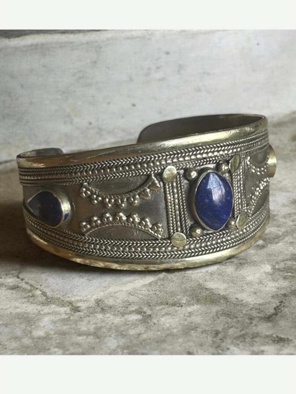 Vintage Lapis Lazuli Intricate Old Silver Cuff Bracelet